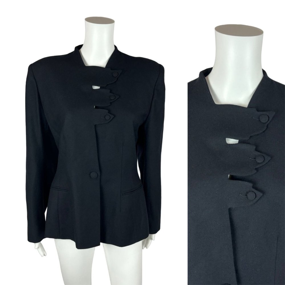 Vintage 80s Blazer Women's Large Black Wool Suit Jacket Leaf Closures Emmanuelle